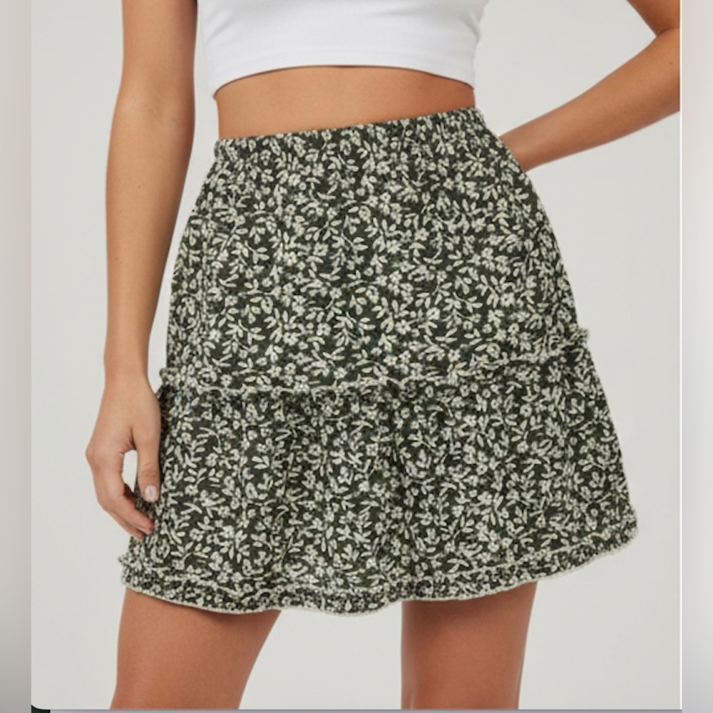 Olive Boho Floral Print Ruffle Hem Skirt